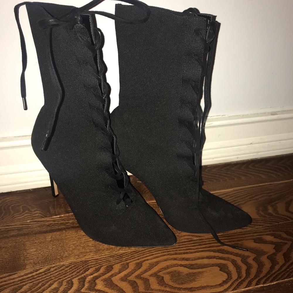 Miasa -Black Lace up stretch stretch booties
